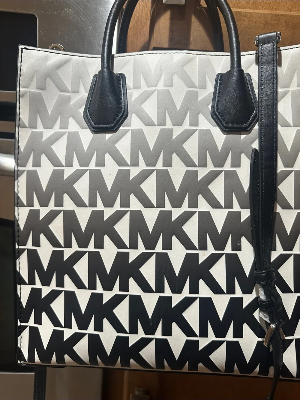 Michael Kors Black & White MK Logo Tote with Charm